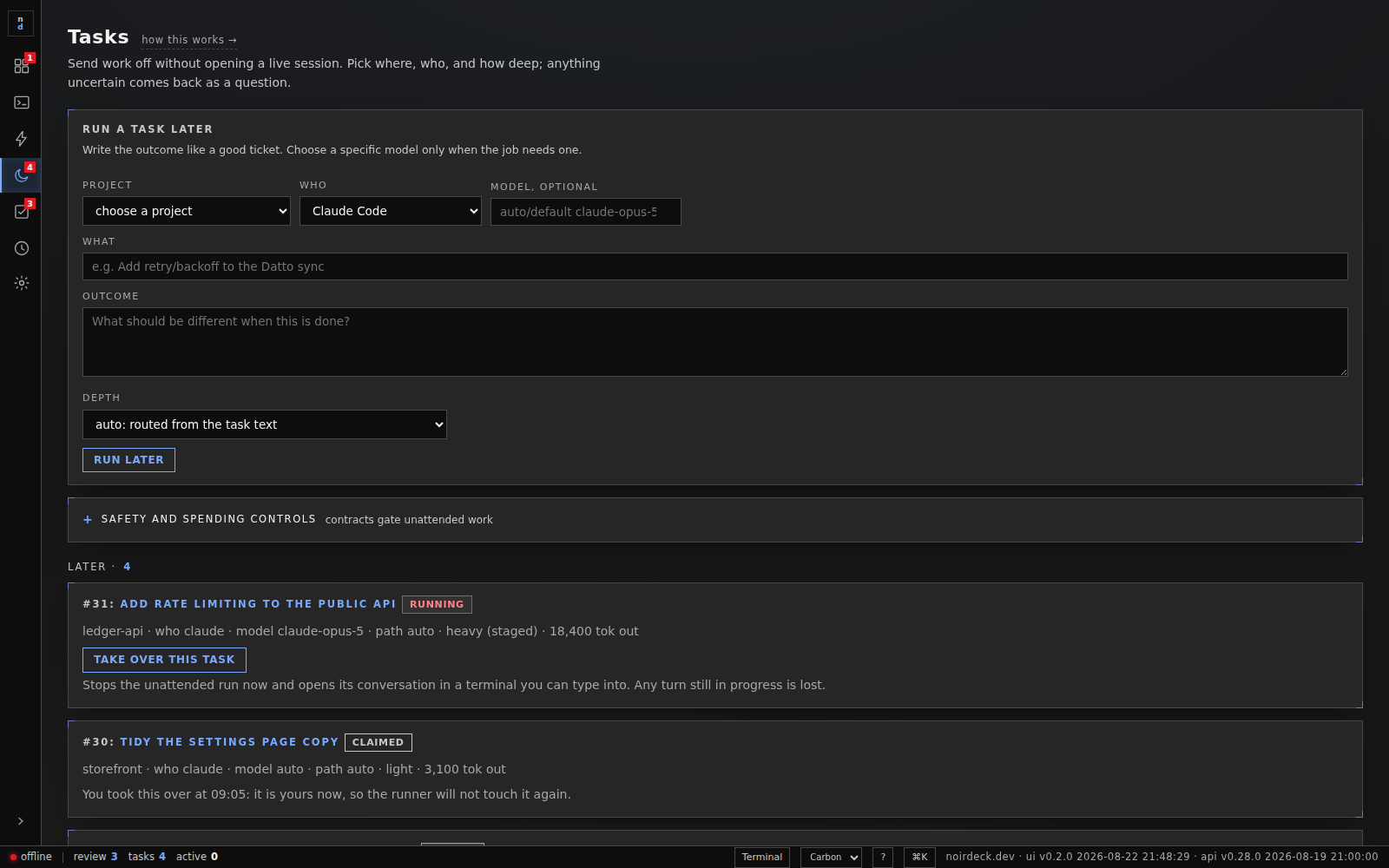 noirdeck Tasks screen
