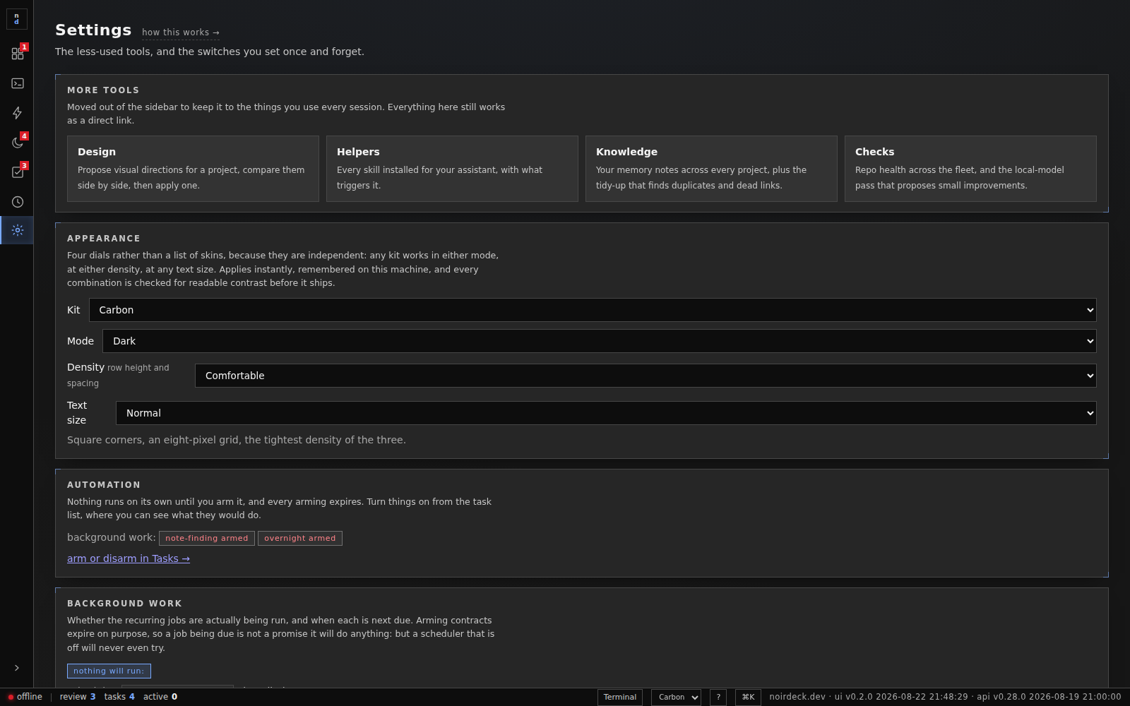 noirdeck Settings screen